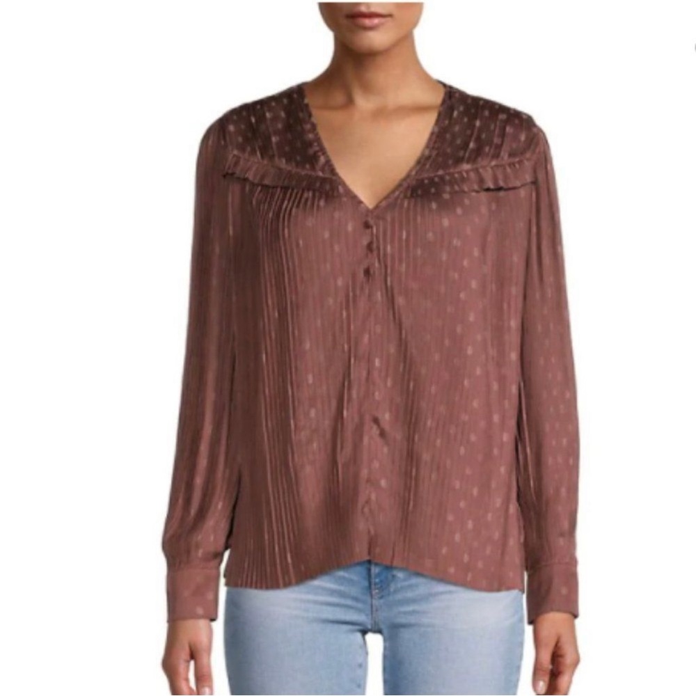 Anthro Current Air Pleated Polka Dot Top NEW Oversized Casual Brown Medium NWT